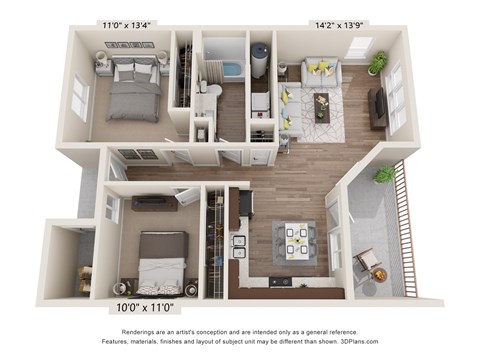 A 10x10 room layout with a kitchen, living room, and two bedrooms.
